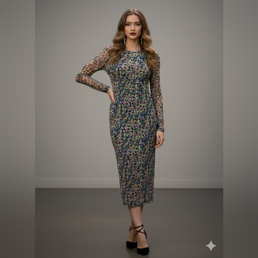 AFRM Los Angeles Loah Long Sleeve Mesh Midi Dress